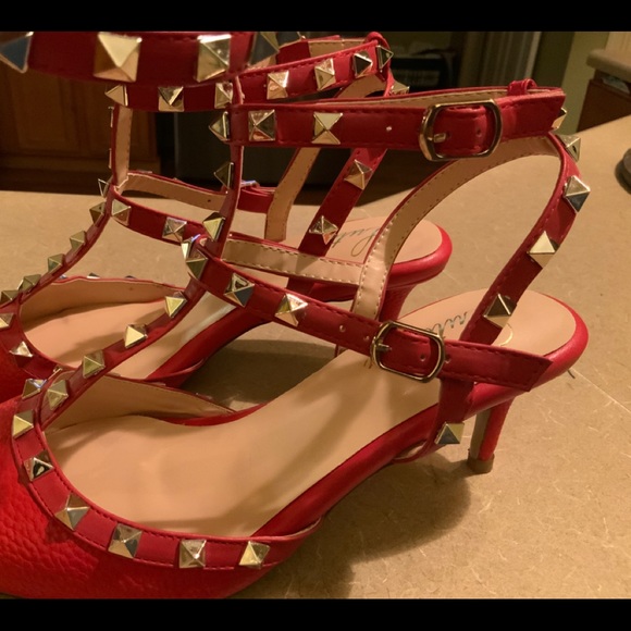 Red Spiked Strapped Heels - Picture 8 of 9